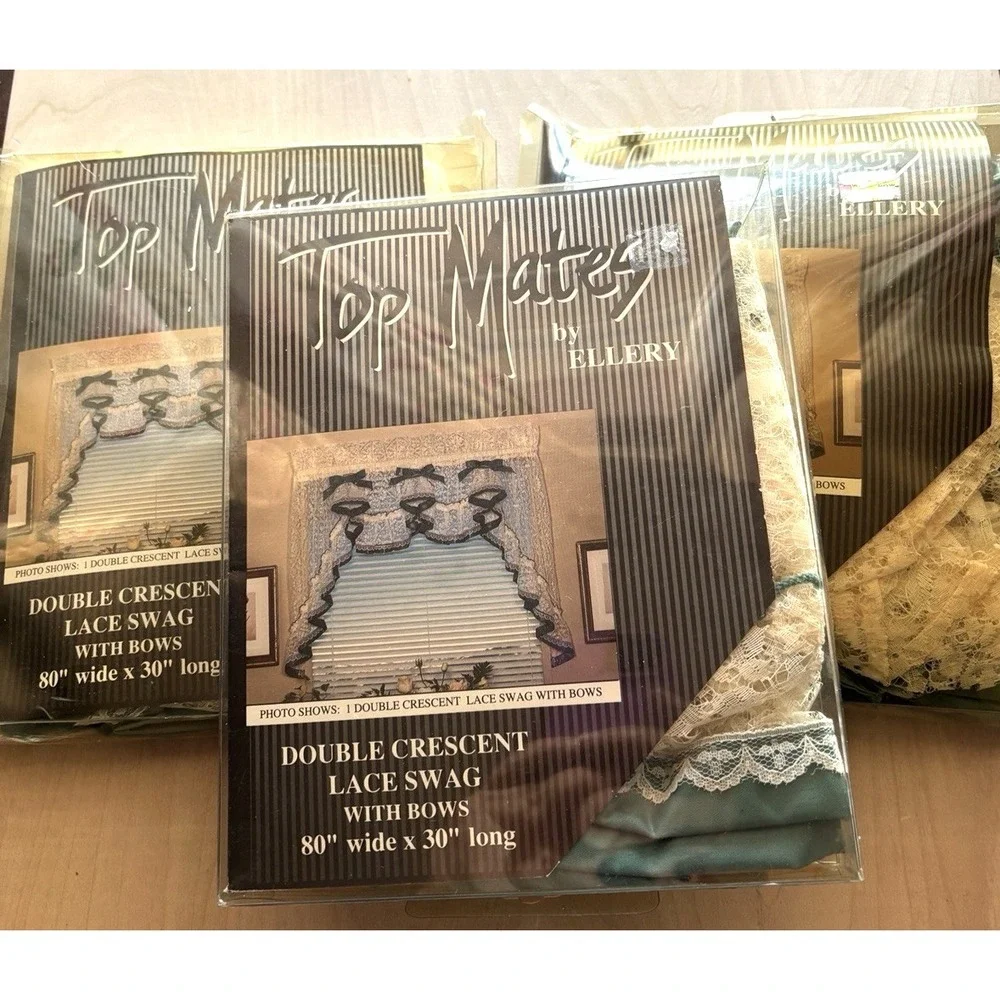 Vtg 1980s Double Crescent Lace Swag LOT of 4 New 80 x 30 Green Satin Lace Bows